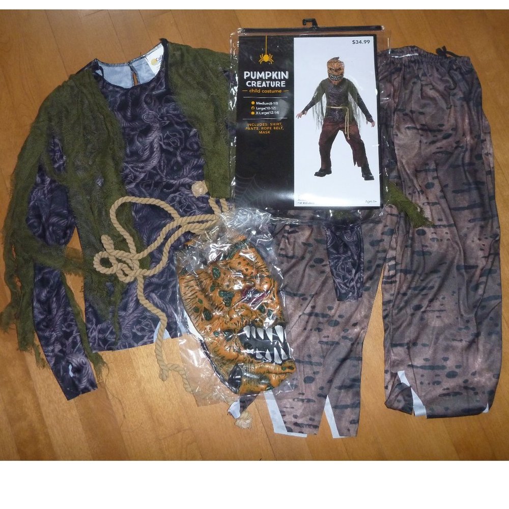 Boys Girls PUMPKIN CREATURE Monster Halloween Costume Size Med 8/10 Mask NWT